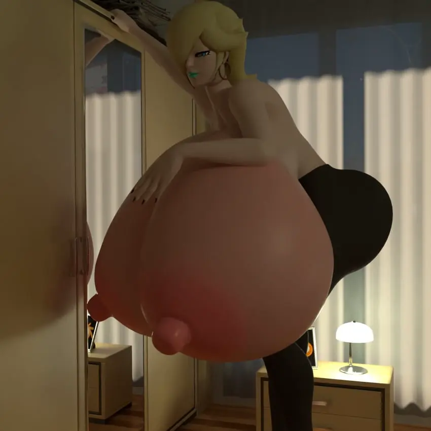 Image breasts,female,standing,blue_eyes,earrings,thick_thighs,huge_breasts,blonde_hair,mario_(series),nintendo,3d,blender,bedroom,3d_(artwork),big_nipples,black_nails,giantess,breast_expansion,mirror,giantess_growth,super_mario_galaxy,princess_rosalina,black_leggings,light_blue_lipstick,squidly