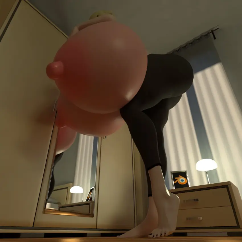 Image breasts,female,standing,thick_thighs,huge_breasts,blonde_hair,mario_(series),nintendo,3d,blender,bedroom,3d_(artwork),big_nipples,black_nails,giantess,breast_expansion,mirror,giantess_growth,super_mario_galaxy,princess_rosalina,black_leggings,squidly