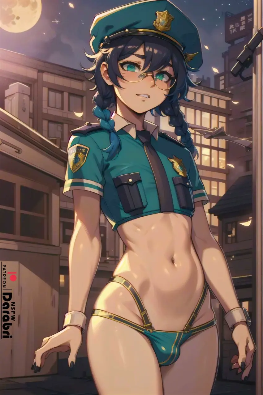 Image looking_at_viewer,pants,solo,1boy,blue_hair,male,navel,colored,hat,gradient_hair,headwear,patreon,ai_generated,femboy,male_only,trap,cleavage,solo_focus,green_eyes,nail_polish,posing,genshin_impact,pov,pov_eye_contact,cute,bulge,outdoors,moon,night,tight_clothing,detailed,feminine_male,girly,stars,abs,logo,exposed,bulge_through_clothing,tight_fit,fire,braided_hair,toned,police,crop_top,otoko_no_ko,venti_(genshin_impact),moonlight,night_sky,patreon_logo,abstract_background,police_uniform,tights,tight_pants,leaning,braided_twintails,outlines,darabri,cop,officer,beige_skin,embers