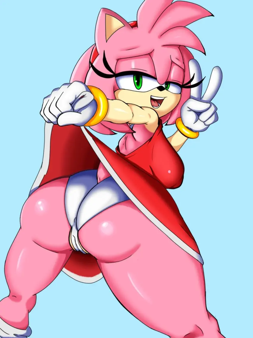 Image big_breasts,breasts,clothed,clothing,female,hi_res,looking_at_viewer,open_mouth,simple_background,smile,solo,gloves,panties,underwear,ass,big_butt,blue_background,looking_back,thick_thighs,wide_hips,accessory,eyelashes,hair_accessory,hairband,jewelry,open_smile,white_clothing,white_underwear,anthro,tan_body,green_eyes,presenting,skirt,fur,mammal,rear_view,white_panties,white_gloves,bracelet,3:4,nipple_outline,amy_rose,sega,sonic_(series),sonic_the_hedgehog_(series),presenting_hindquarters,tuft,raised_clothing,handwear,gesture,hand_gesture,tan_fur,looking_back_at_viewer,pink_body,pink_fur,camel_toe,bottomwear,hedgehog,upskirt,head_tuft,v_sign,eulipotyphlan,raised_bottomwear,raised_skirt,white_handwear,pliica_22