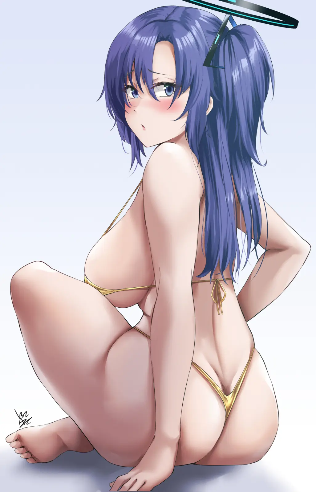 Image 1girls,blush,breasts,female,highres,large_breasts,light-skinned_female,light_skin,long_hair,looking_at_viewer,solo,blue_eyes,blue_archive,bikini,ass,looking_back,barefoot,from_behind,sitting,swimsuit,halo,purple_hair,soles,micro_bikini,signature,toes,two_side_up,yuuka_(blue_archive),millennium_science_school_student,lotus_position,mechanical_halo,seminar_(blue_archive),gold_bikini,ibara_azuki_(azk_ibr2nd)
