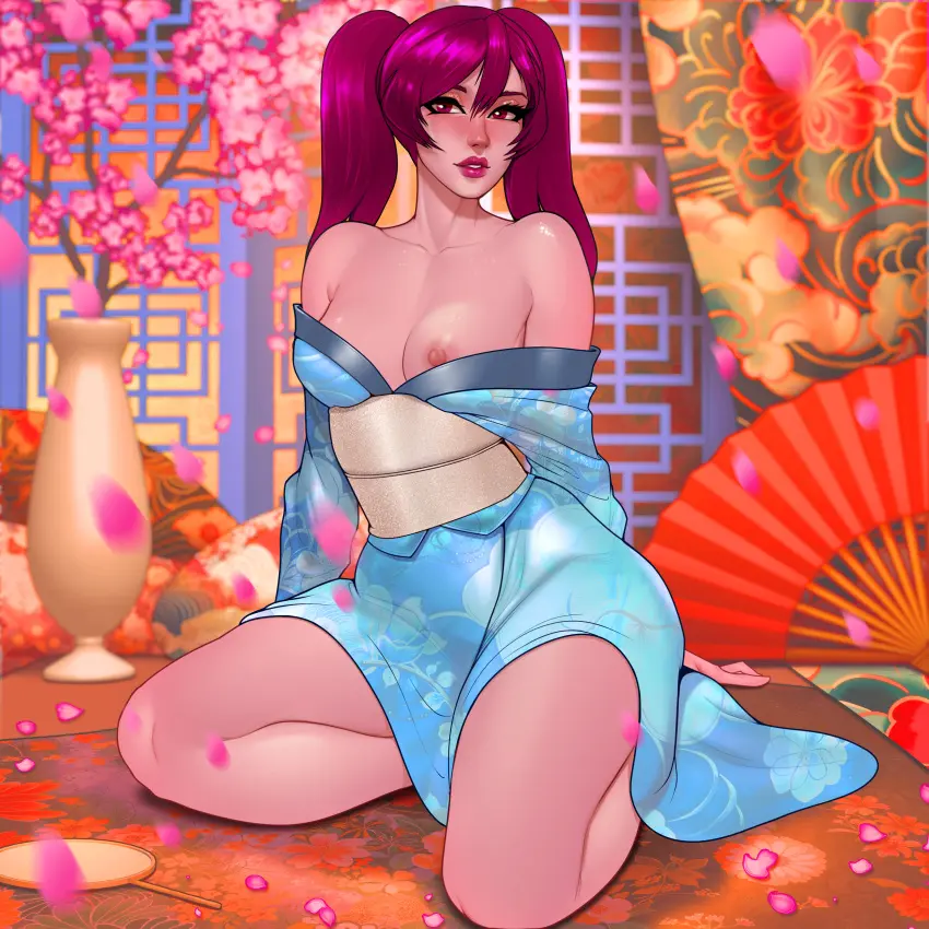 Image blush,breasts,female,looking_at_viewer,nipples,solo,female_focus,kneeling,ponytail,shoulders,solo_female,solo_focus,2d,pink_eyes,original,original_character,petite,pinup,japanese_clothing,flower,2d_(artwork),blushing_at_viewer,on_knees,petite_body,petite_female,video_games,2d_artwork,original_characters,kimono,pink_skin,nipple_slip,one_breast_out,succubus,video_game,video_game_character,pink_lips,japanese_clothes,ponytails,kneeling_female,pin_up,a_house_in_the_rift,original_art,original_artwork,visual_novel,vn,flower_petals,azraesha