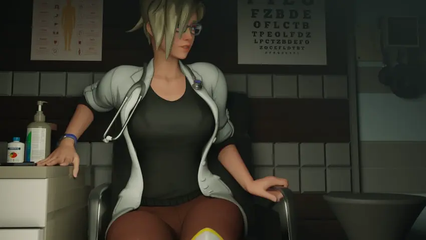 Image clothed,clothing,female,female_only,light-skinned_female,light_skin,pants,solo,blue_eyes,ponytail,solo_female,glasses,tagme,blonde_hair,parted_lips,alternate_version_available,3d,sweater,fully_clothed,labcoat,overwatch,overwatch_2,blizzard_entertainment,looking_to_the_side,mercy,dim_lighting,platinum_blonde_hair,wristwatch,dr._ziegler,angela_ziegler,looking_around,stethoscope,zmsfm