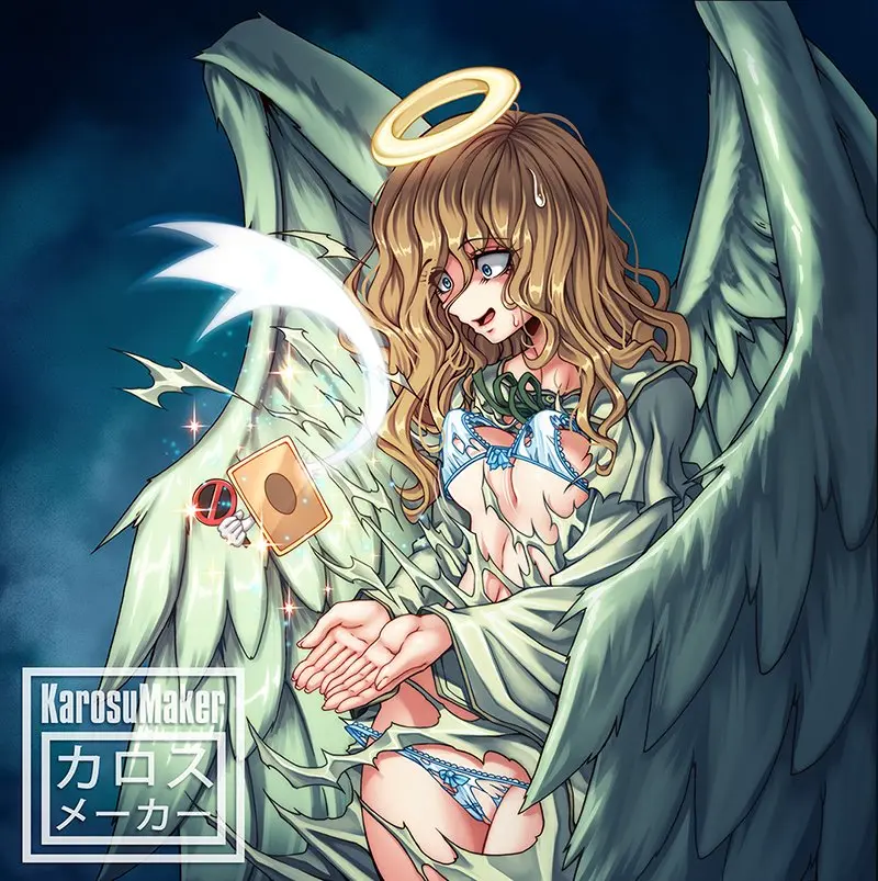 Image 1girls,female,blue_eyes,watermark,wings,angel,halo,brown_hair,duel_monster,yu-gi-oh!,torn_clothes,anger_vein,card,yu-gi-oh!_duel_monsters,aureola,graceful_charity,karosu-maker