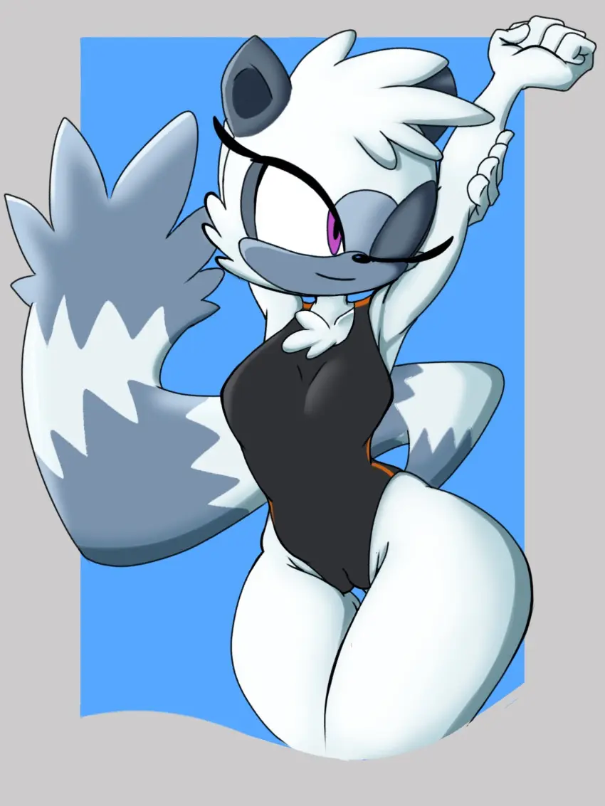 Image breasts,clothing,female,hi_res,simple_background,smile,solo,tail,blue_background,thick_thighs,wide_hips,eyelashes,thigh_gap,anthro,one_eye_closed,one-piece_swimsuit,purple_eyes,fur,grey_body,grey_fur,mammal,3:4,grey_background,sega,sonic_(series),sonic_the_hedgehog_(series),swimwear,markings,tuft,tail_markings,camel_toe,stripes,black_clothing,stretching,looking_aside,sonic_the_hedgehog_(idw),striped_markings,striped_tail,head_tuft,big_tail,sonic_the_hedgehog_(comics),black_swimwear,idw_publishing,primate,lemur,strepsirrhine,tangle_the_lemur,pliica_22