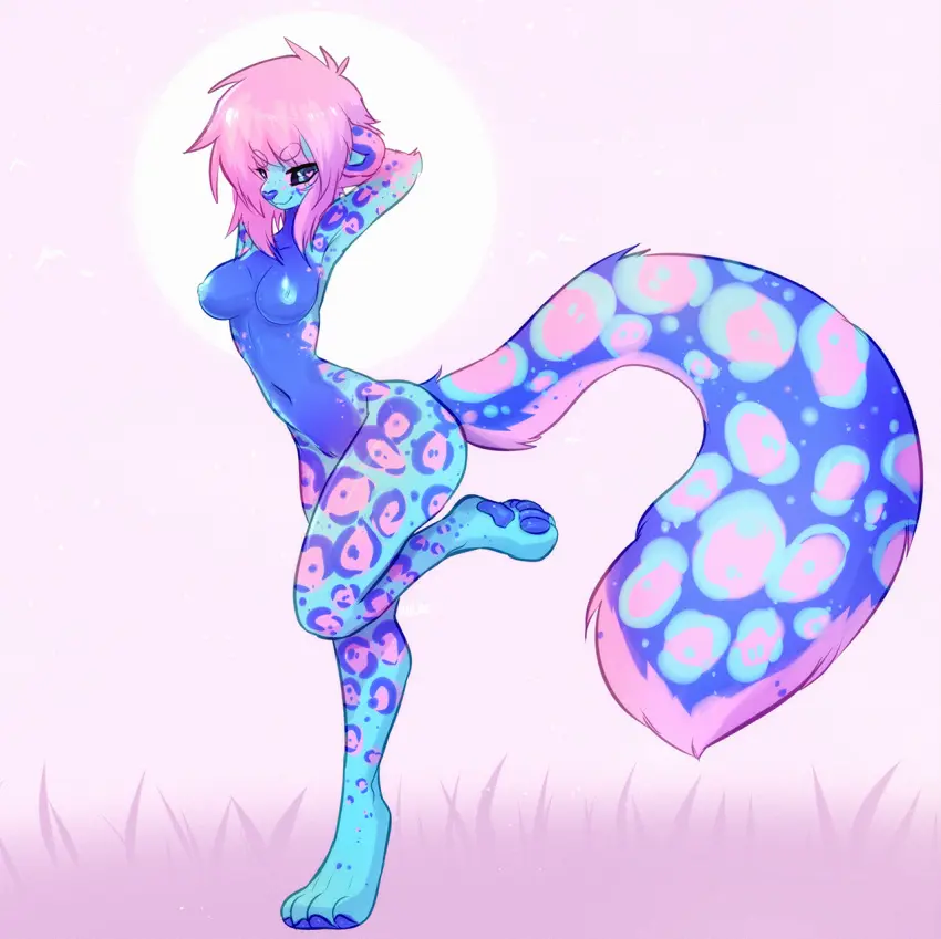 Image breasts,female,hi_res,nipples,smile,solo,standing,bangs,navel,pussy,tail,feet,hair,pink_hair,anthro,2019,fur,genitals,mammal,paws,blue_body,blue_fur,fluffy,fluffy_tail,markings,plant,felid,fluffy_hair,sun,pantherine,pawpads,barely_visible_genitalia,grass,snow_leopard,spots,spotted_body,spotted_fur,on_one_leg,alternate_species,barely_visible_pussy,blue_nose,ambient_bird,kolae,kolae_(character),ambient_flier