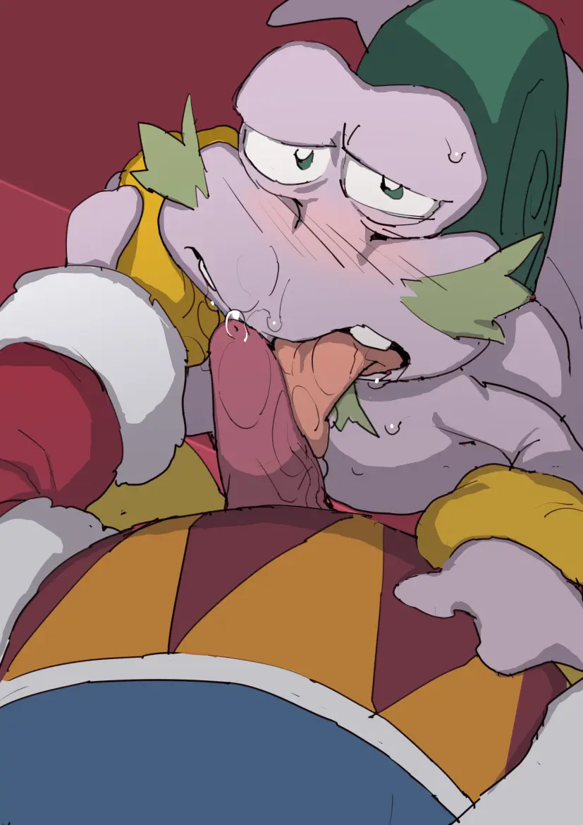 Image blush,male,oral,sex,duo,fellatio,male/male,belly,anthro,saliva,nintendo,genital_fluids,bodily_fluids,precum,blue_body,purple_body,avian,bird,first_person_view,penile,overweight,facial_hair,penguin,moustache,mollusk,pov_blowjob,kirby_(series),gastropod,king_dedede,snail,escargoon,konbu