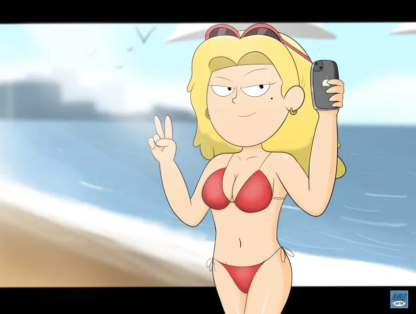 Image female,solo,bikini,disney,beach,tagme,artist_request,disney_channel,blonde_female,cosplay,amphibia,cartoony,v_sign,white_female,amphibia_(finale),sasha_waybright,grand_theft_auto_v,gtav_cover_girl,is_that_the_gta5_loading_screen?