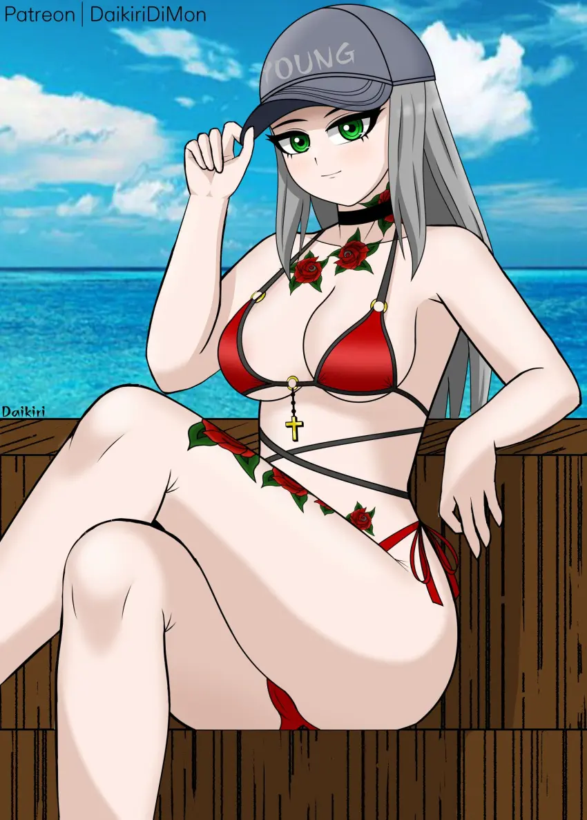 Image 1girls,female,grey_hair,looking_at_viewer,choker,bikini,beach,patreon_username,tattoo,fortnite,green_eyes,sitting,fortnite:_battle_royale,cap,crossed_legs,rose_tattoo,daikiri_di_mon,chigusa_(fortnite)