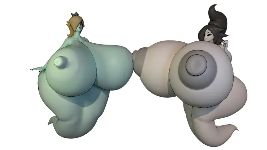 Image breasts,female,white_background,2girls,black_hair,blue_eyes,huge_ass,white_skin,huge_breasts,nude_female,blonde_hair,ghost,mario_(series),nintendo,3d,blender,black_eyes,3d_(artwork),black_nails,huge_nipples,breasts_bigger_than_body,crown,ghost_girl,super_mario_galaxy,princess_rosalina,bad_anatomy,grey_nipples,light_blue_lipstick,squidly,spooki_(guacamolemuffler),spooki_(squidly)