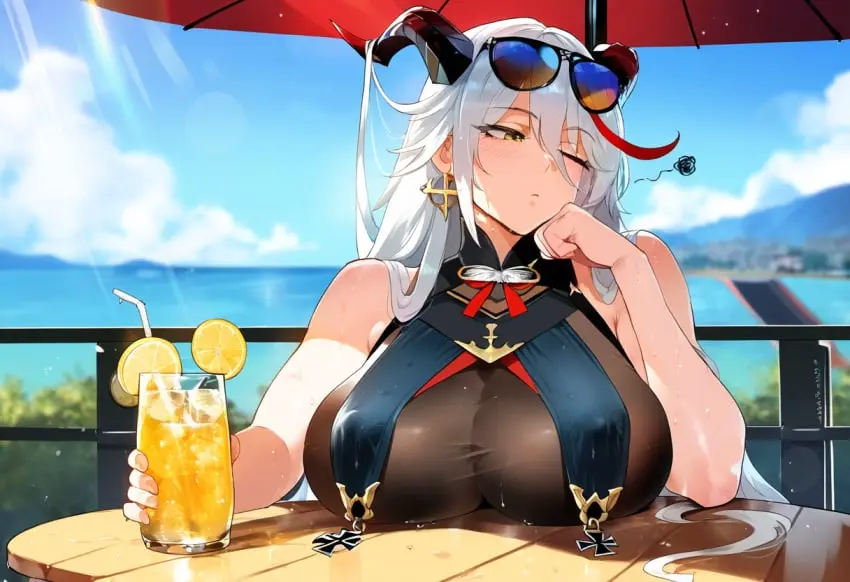 Image 1girls,breasts,female,light-skinned_female,solo,white_hair,sweat,ai_generated,covered_nipples,huge_breasts,sunglasses_on_head,pale-skinned_female,pale_skin,outdoors,upper_body,breast_curtains,azur_lane,sunglasses,novelai,skin_tight,thiccwithaq_(ai_style),aegir_(azur_lane),henrik_n