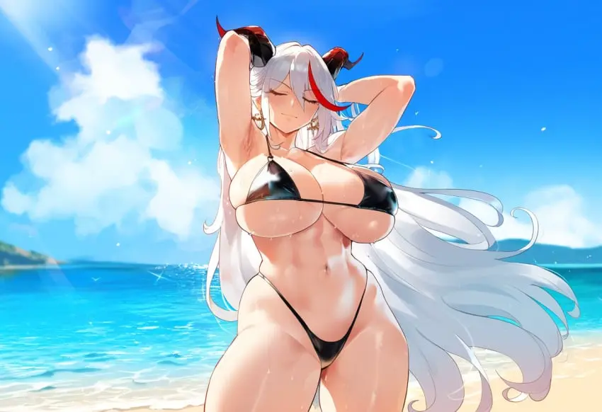 Image 1girls,breasts,female,light-skinned_female,long_hair,looking_at_viewer,solo,white_hair,sweat,bikini,wide_hips,beach,armpits,ai_generated,arms_behind_head,huge_breasts,massive_breasts,pale-skinned_female,pale_skin,skindentation,outdoors,posing_for_the_viewer,teasing_viewer,mommy,azur_lane,novelai,thiccwithaq_(ai_style),skimpy_bikini,aegir_(azur_lane),henrik_n
