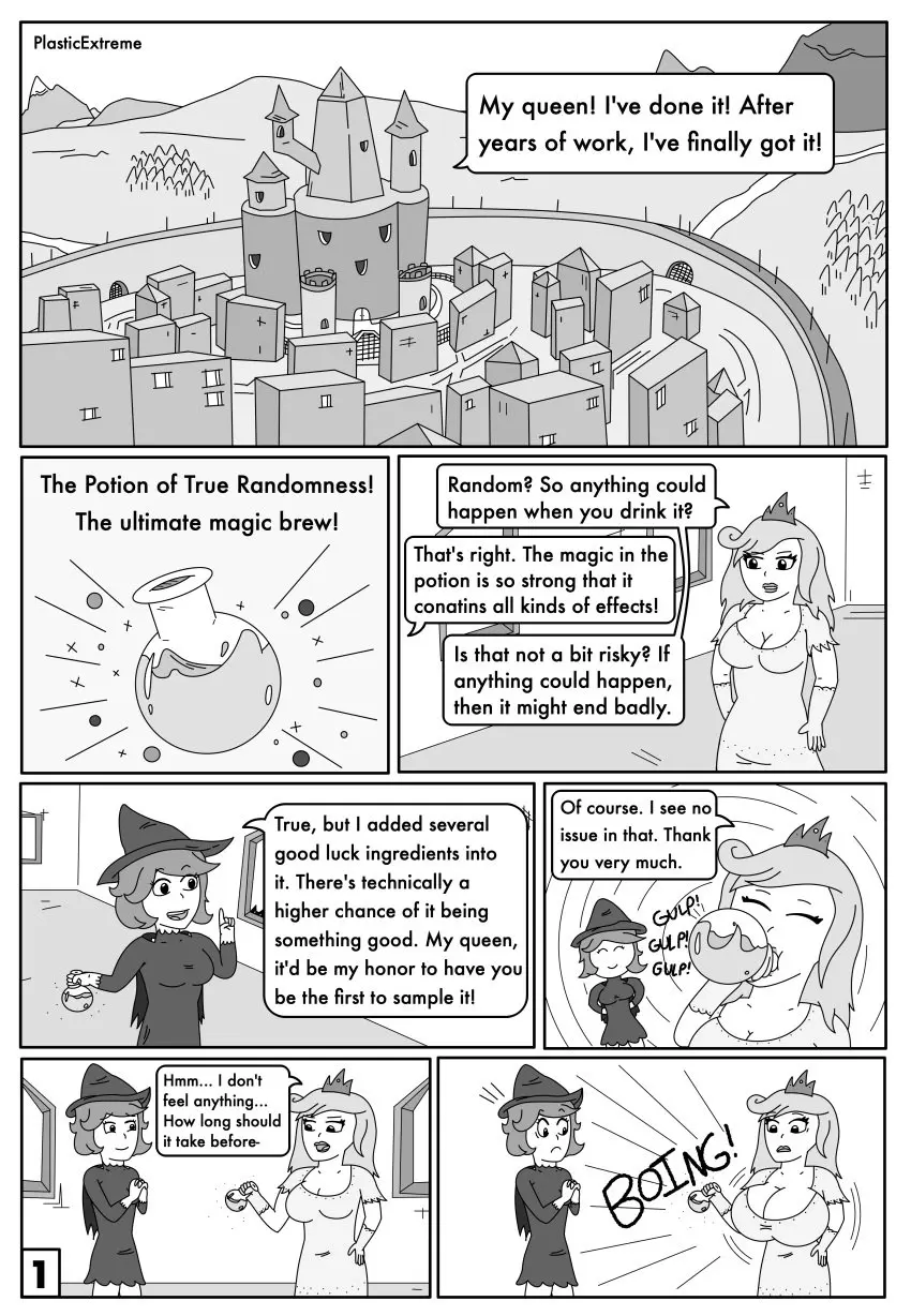 Image female,2girls,multiple_girls,cleavage,tagme,comic,monochrome,inflation,dialogue,queen,top_heavy,breast_expansion,drinking,greyscale,witch,page_1,potion,plasticextreme