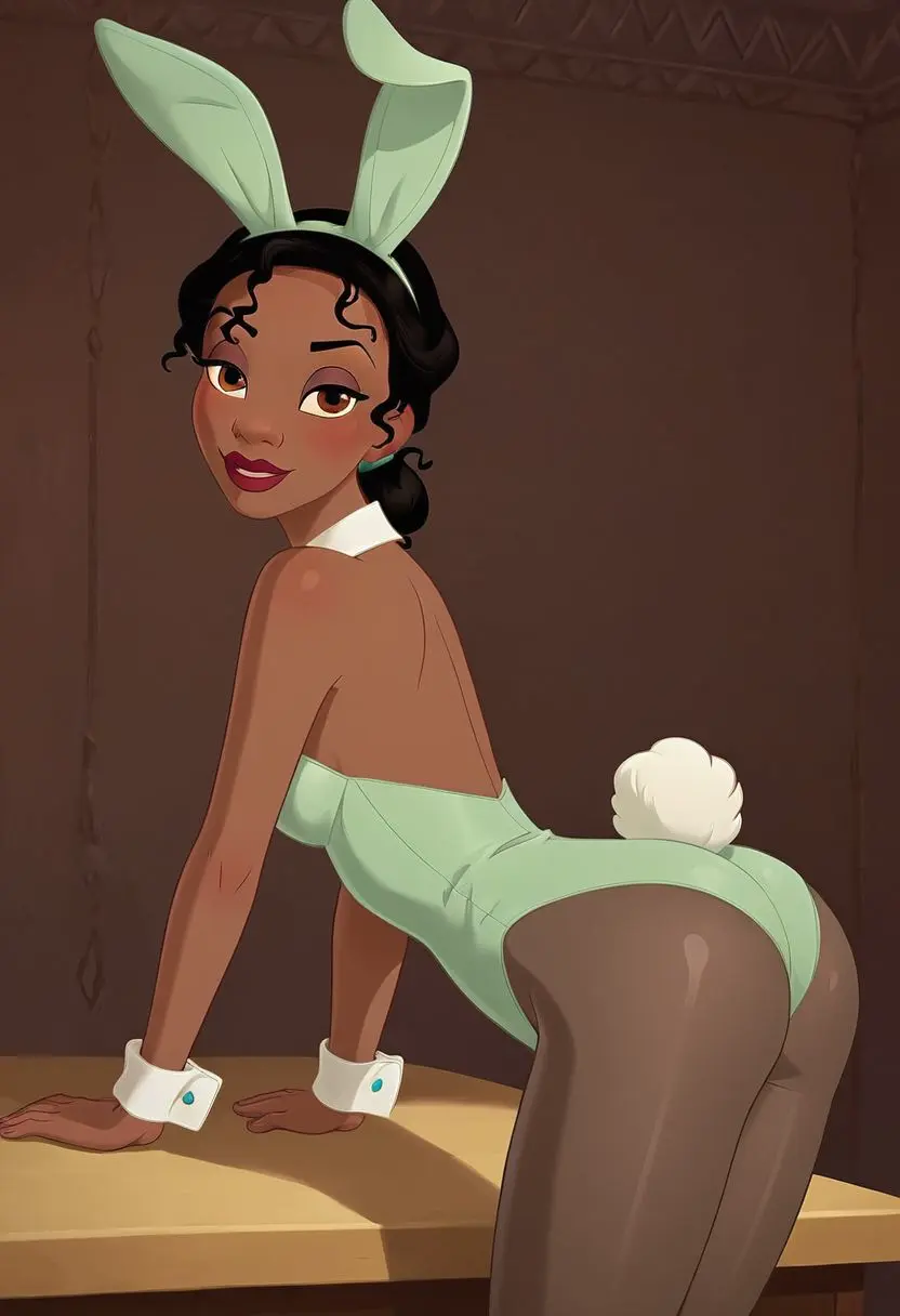 Image female,female_only,solo,black_hair,disney,dark_skin,ai_generated,bare_shoulders,solo_female,bunny_ears,dark-skinned_female,self_upload,detached_collar,red_lipstick,playboy_bunny,disney_princess,leotard,fake_animal_ears,strapless_leotard,hair_bun,pantyhose,green_leotard,the_princess_and_the_frog,tiana,detached_cuffs,princess_tiana,sandlecrantz_(ai_generator)