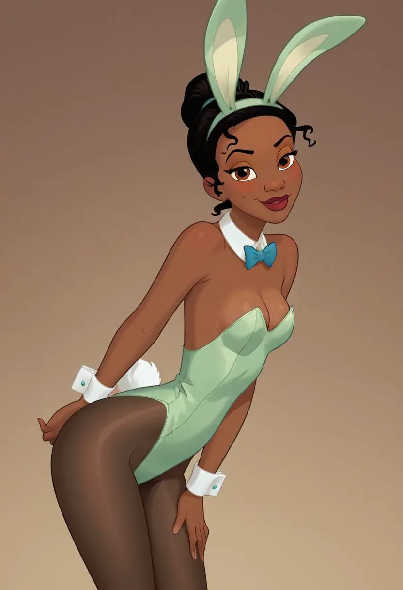 Image female,female_only,solo,black_hair,disney,dark_skin,ai_generated,bare_shoulders,solo_female,bunny_ears,dark-skinned_female,self_upload,detached_collar,red_lipstick,playboy_bunny,disney_princess,leotard,fake_animal_ears,strapless_leotard,hair_bun,pantyhose,green_leotard,the_princess_and_the_frog,tiana,detached_cuffs,princess_tiana,sandlecrantz_(ai_generator)