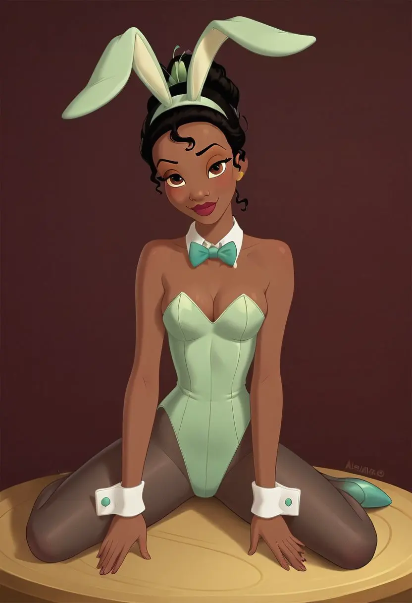 Image female,female_only,solo,black_hair,disney,dark_skin,ai_generated,bare_shoulders,solo_female,bunny_ears,dark-skinned_female,self_upload,detached_collar,red_lipstick,playboy_bunny,disney_princess,leotard,fake_animal_ears,strapless_leotard,hair_bun,pantyhose,green_leotard,the_princess_and_the_frog,tiana,detached_cuffs,princess_tiana,sandlecrantz_(ai_generator)