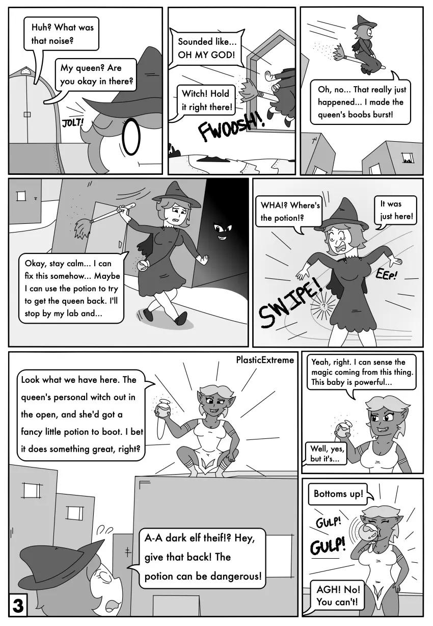 Image female,tagme,comic,monochrome,dialogue,dark_elf,drinking,greyscale,page_3,witch,potion,stealing,plasticextreme