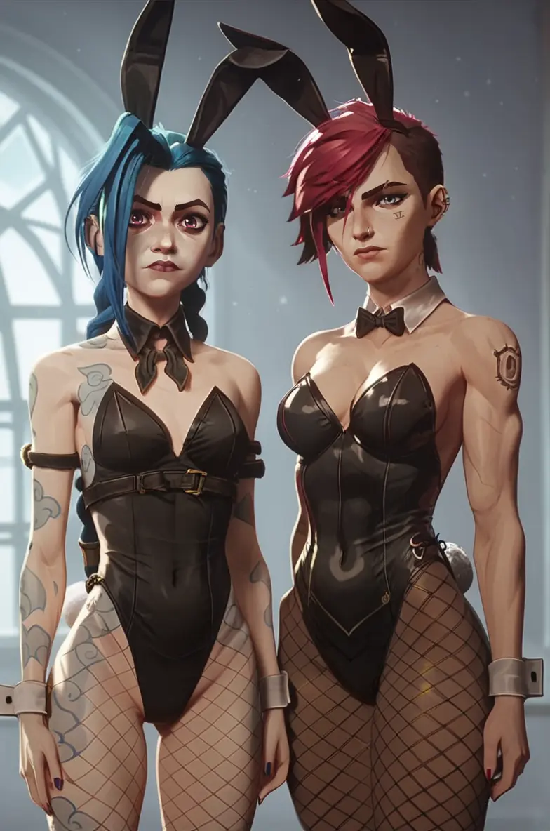 Image breasts,female,female_only,2girls,multiple_girls,short_hair,small_breasts,muscular,ai_generated,tattoo,bunny_ears,twintails,bunnysuit,league_of_legends,muscular_female,tomboy,riot_games,twin_braids,jinx_(league_of_legends),arcane,arcane_jinx,arcane_vi,vi