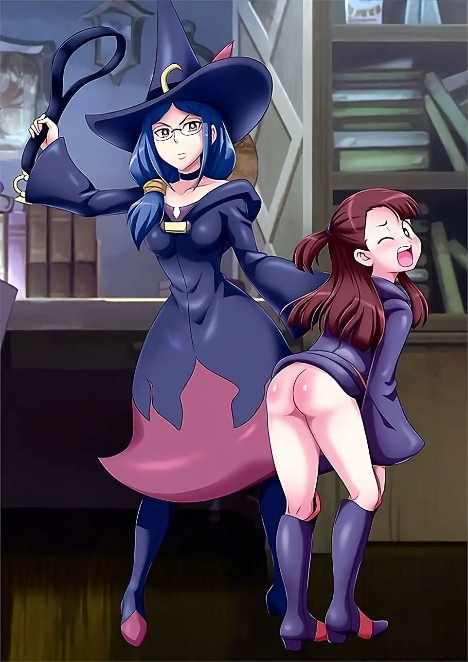 Image clothed,clothing,female,long_hair,red_eyes,2girls,blue_hair,background,ass,milf,dress,artist_request,brown_hair,belt,scared_expression,angry,angry_face,witch_hat,boots,detailed_background,scared_face,worried,age_difference,spanking,unknown_artist,teacher,teacher_and_student,witch,punishment,serious,palcomix,spanking_butt,spanking_ass,little_witch_academia,punished,akko_kagari,punishment_spanking,ursula_callistis,scream,luna_nova_school_uniform,belt_spanking
