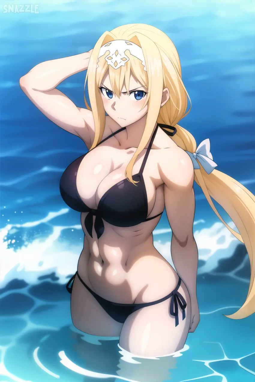 Image 1girls,bow,breasts,female,hairbow,long_hair,looking_at_viewer,solo,standing,very_long_hair,blue_eyes,navel,sidelocks,muscular,water,watermark,ai_generated,bare_shoulders,cleavage,collarbone,hairband,midriff,solo_focus,blonde_hair,from_above,stable_diffusion,braid,outdoors,closed_mouth,black_bikini,single_braid,arm_up,partially_submerged,toned,braided_ponytail,sword_art_online,front-tie_top,side-tie_bikini_bottom,floating_hair,sword_art_online:_alicization,waves,snazzdaz,snazzle,alice_zuberg