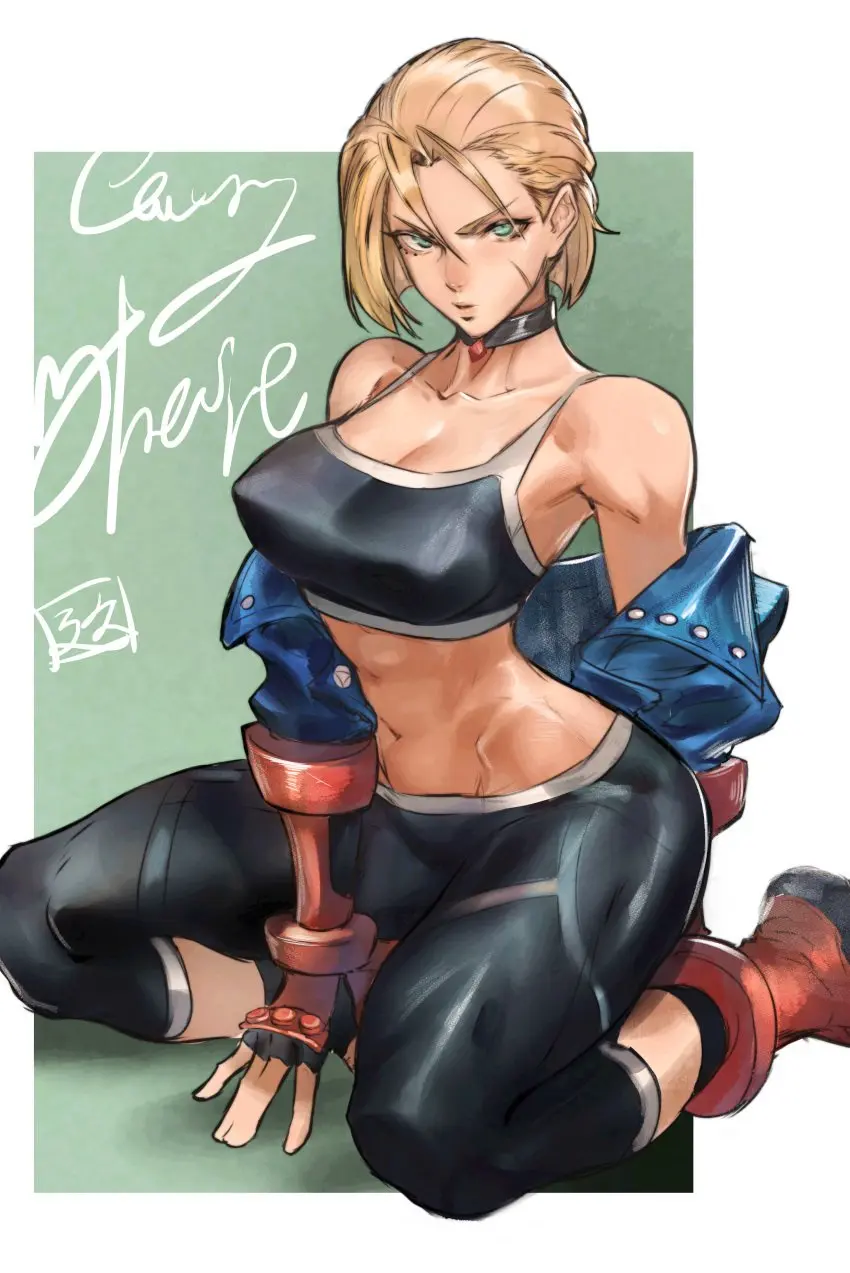 Image 1girls,breasts,female,female_only,highres,large_breasts,looking_at_viewer,pants,solo,absurdres,blue_eyes,gloves,navel,short_hair,choker,kneeling,sports_bra,bare_shoulders,cleavage,collarbone,midriff,blonde_hair,black_choker,jacket,fingerless_gloves,scar,fully_clothed,facial_scar,red_gloves,yoga_pants,commentary,street_fighter,black_pants,street_fighter_6,scar_on_face,scar_on_cheek,cammy_white,red_footwear,blue_jacket,black_sports_bra,juaagacgy,kyuuakaku