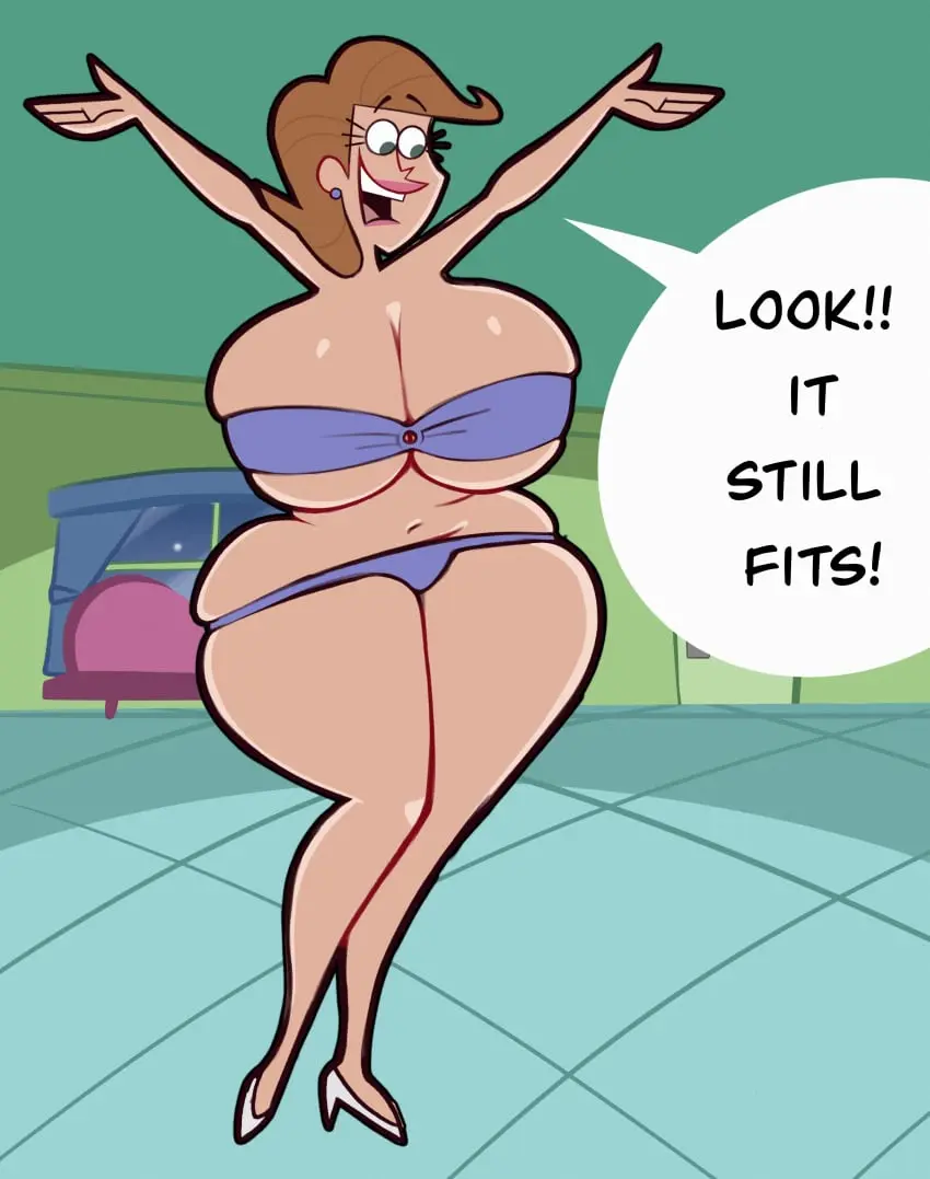 Image breasts,female,bikini,thick_thighs,thighs,milf,huge_breasts,text,high_heels,text_box,text_bubble,nickelodeon,small_bikini,the_fairly_oddparents,timmy's_mom,beeronica