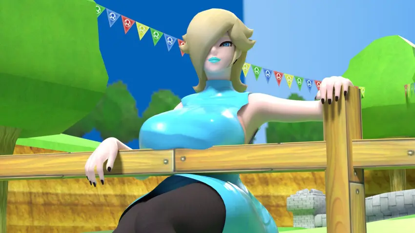Image clothed,female,blue_eyes,blonde_hair,mario_(series),nintendo,3d,blender,3d_(artwork),black_nails,fence,super_mario_galaxy,princess_rosalina,black_leggings,growth_drive,light_blue_lipstick,squidly,light_blue_shirt,sitting_on_fence