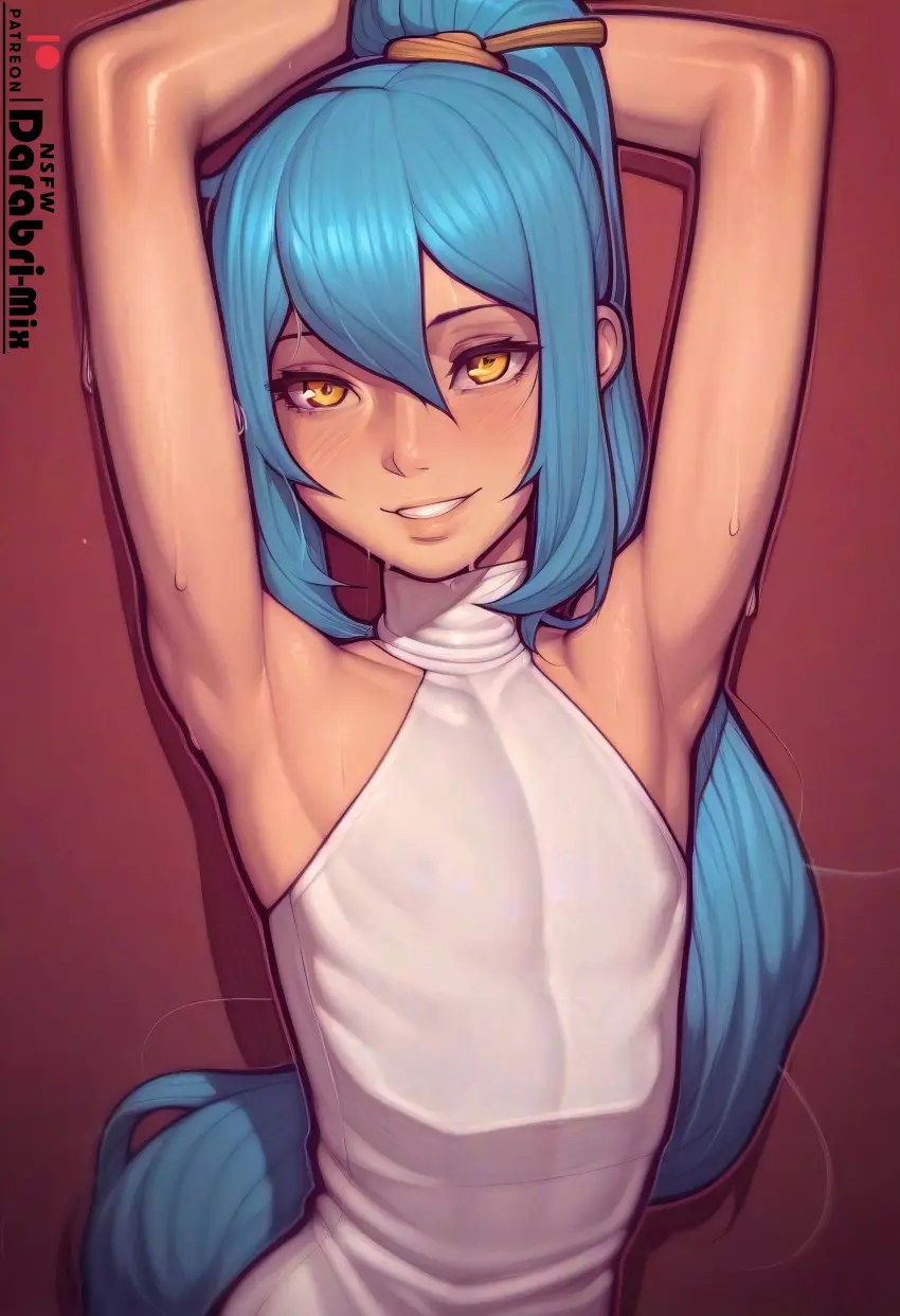 Image 1boy,blue_hair,male,sweat,orange_eyes,ponytail,patreon,armpits,ai_generated,femboy,trap,arms_up,bare_shoulders,dress,cute,feminine_male,girly,asura_(ai_style),otoko_no_ko,patreon_logo,darabri-mix,outlines,beige_skin