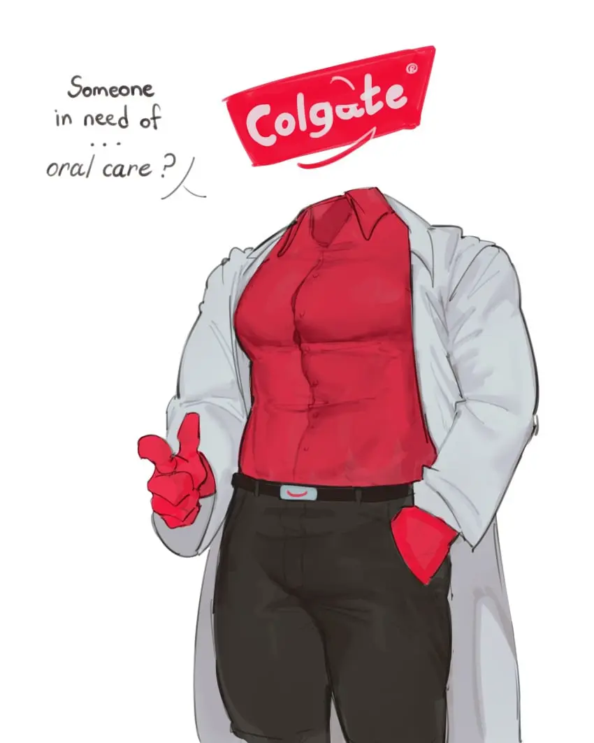 Image 1boy,male,male_only,yaoi,gay,belt,red_skin,jeans,gay_male,kogito,pointing,hand_in_pocket,floating_head,colgate_(toothpaste)