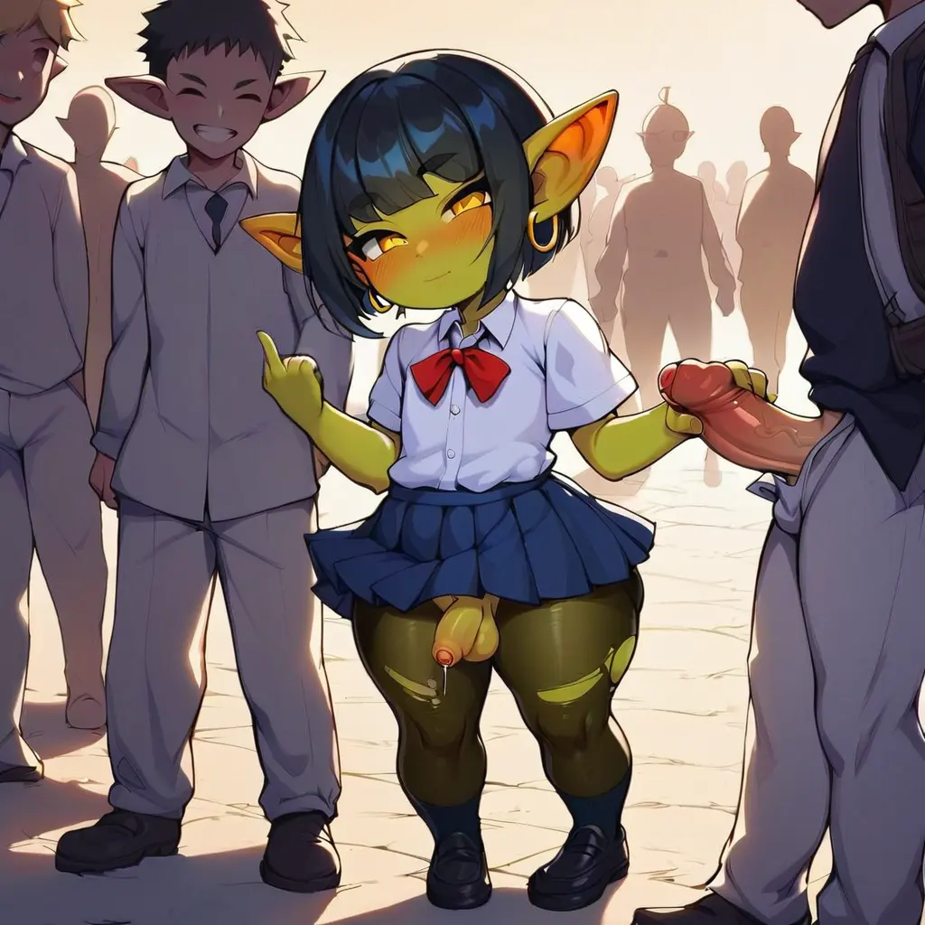 Image female,black_hair,male,penis,short_hair,big_ass,thick_thighs,erection,wide_hips,ai_generated,femboy,male_only,sissy,trap,happy,schoolgirl,original_character,school_uniform,gay,handjob,masturbation,multiple_boys,precum,pleated_skirt,foreskin,uncircumcised,precum_string,school,flat_chest,precum_on_penis,goblin,student,ripped_pantyhose,crowd,goblin_femboy,nemmy(goblin)