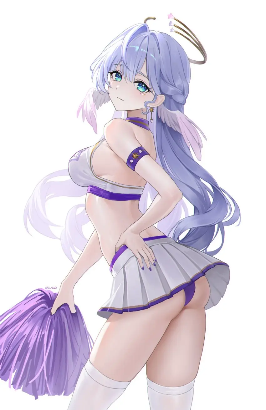 Image 1girls,breasts,female,large_breasts,long_hair,looking_at_viewer,blue_hair,thighhighs,panties,ass,earrings,thighs,sports_bra,angel_wings,green_eyes,arched_back,honkai:_star_rail,cheerleader,cheerleader_outfit,cheerleader_uniform,short_skirt,wings_on_head,pom_poms,marking_below_eyes,emerald_eyes,robin_(honkai:_star_rail),angel_halo