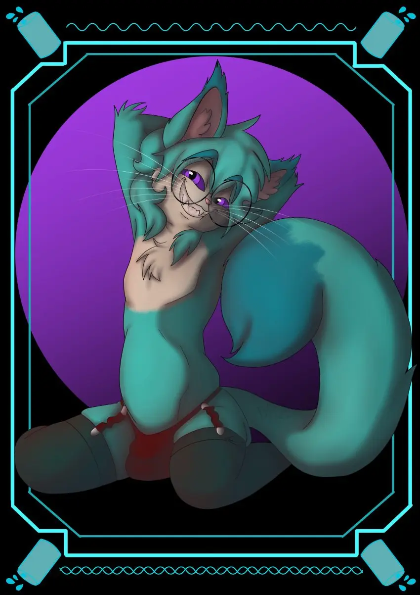 Image 1boy,male,furry,smiling,male_only,lingerie,glasses,anthro,youtube,spread_legs,bulge,feline,male_focus,blue_fur,lingerie_only,cat,cyan_hair,lackadaisy,voice_actor,novadoesart,hunicast,kovicat,kovox,michael_kovach