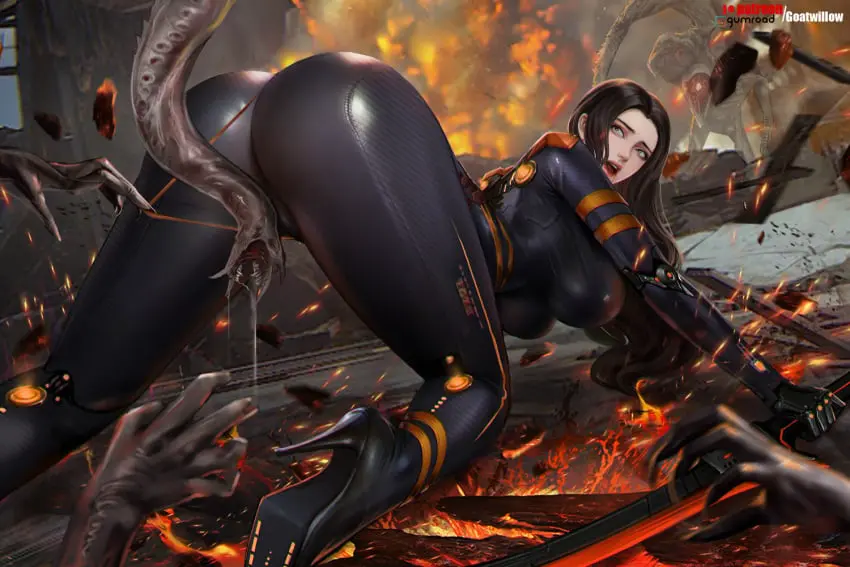 Image breasts,clothed,female,black_hair,ass,monster,shocked,heels,high_heels,tight_clothing,ass_focus,hanging_breasts,defeated,bodysuit,stellar_blade,fully_clothed,skin_tight,imminent_rape,tachy_(stellar_blade),naytiba_(stellar_blade),goatwillow,techwear