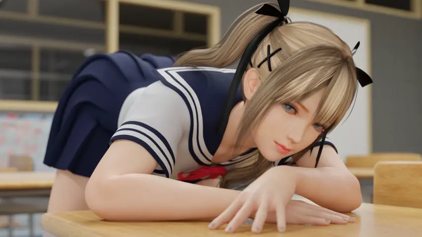 Image 1girls,female,light-skinned_female,light_skin,looking_at_viewer,solo,blue_eyes,big_ass,big_butt,seductive,seductive_look,blonde_hair,school_uniform,pinup,3d,bent_over,painted_nails,classroom,dead_or_alive,marie_rose,dead_or_alive_5,adobostan3d