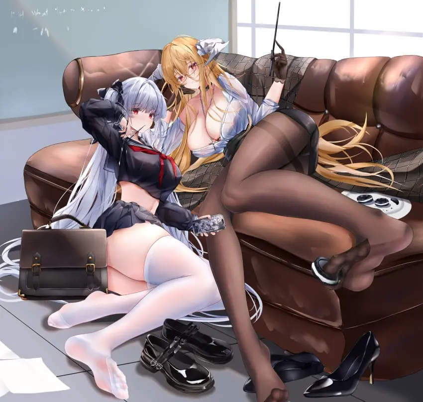 Image breasts,female,grey_hair,highres,light-skinned_female,light_skin,long_hair,looking_at_viewer,red_eyes,2girls,absurdres,multiple_girls,thighhighs,panties,underwear,feet,glasses,blonde_hair,stockings,school_uniform,light_blush,twintails,soles,see-through,serafuku,couch,nipple_bulge,azur_lane,toes,pantyhose,shoes,white_thighhighs,food,cookie,pantyshot,royal_navy_(azur_lane),wand,between_toes,mary_janes,unworn_shoes,formidable_(azur_lane),see-through_legwear,formidable_(the_lover's_heart_flutters_on_duty)_(azur_lane),implacable_(azur_lane),implacable_(shepherd_of_the_"lost")_(azur_lane),iue_(artist)