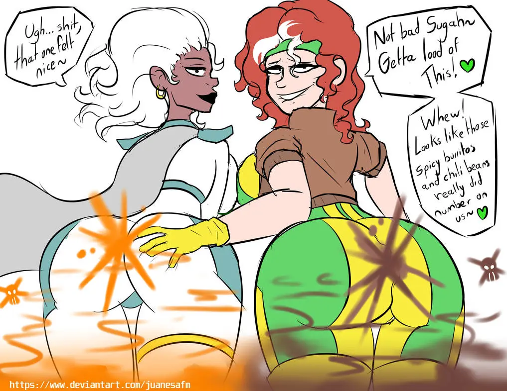 Image female,female_only,looking_at_viewer,2girls,multiple_girls,ass,big_ass,looking_back,dark_skin,tagme,dark-skinned_female,marvel,marvel_comics,x-men,hand_on_butt,hand_on_ass,anna_marie,rogue_(x-men),brown_skin,fart,fart_cloud,mutant,ororo_munroe,storm_(x-men),lip_biting,juanesafm_(artist)