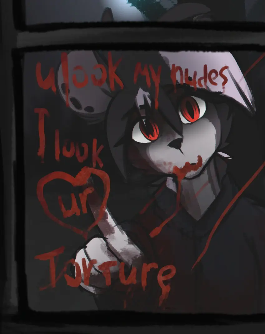 Image clothed,clothing,female,hi_res,looking_at_viewer,red_eyes,solo,multicolored_hair,two_tone_hair,hair,anthro,piercing,text,absurd_res,blood,bodily_fluids,fur,mammal,english_text,2024,hyena,gore,observerdoz,stigmata_(observerdoz)