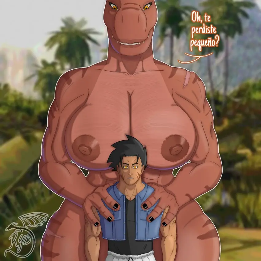 Image female,hi_res,male,yellow_eyes,duo,muscular,areola,size_difference,anthro,text,muscular_anthro,big_areola,reptile,scalie,scar,spanish_text,1:1,nude_anthro,big_female,fan_character,clothed_male,dinosaur,theropod,tyrannosaurid,tyrannosauroid,tyrannosaurus,tyrannosaurus_rex,ryunsfw,ryutaro_(oc)