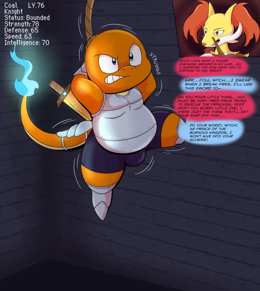 Image clothing,female,hi_res,blue_eyes,male,pokemon,pokemon_(species),underwear,duo,solo_focus,anthro,nintendo,bulge,dialogue,captured,orange_body,angry,generation_6_pokemon,male_focus,anthro_only,speech_bubble,weapon,stats,fire,bound,gameplay_mechanics,generation_1_pokemon,sword,melee_weapon,struggling,dirty_talk,warrior,talking_to_another,arms_tied,delphox,alternate_version_at_source,knight,tepigfan101,charmander,colored_fire,blue_fire,coal_the_charmander,imminent_hypnosis