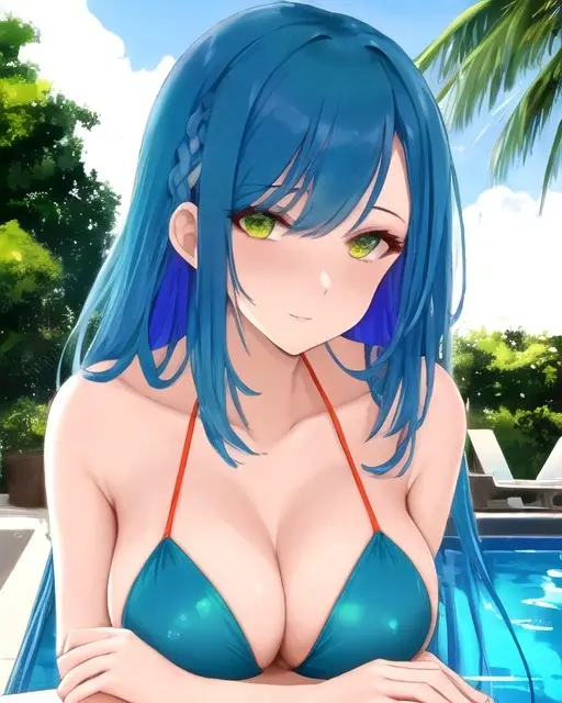 Image female,female_only,blue_hair,female_focus,ai_generated,green_eyes,original_character,pool,summer,ai_hands,palm_tree