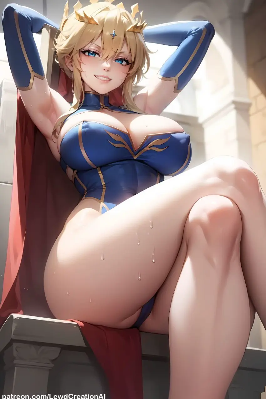 Image 1girls,big_breasts,blush,breasts,female,highres,large_breasts,looking_at_viewer,nipples,solo,blue_eyes,sweat,thick_thighs,thighs,wide_hips,armpits,ai_generated,cleavage,grin,solo_female,solo_focus,tagme,blonde_hair,thick,thick_ass,absurd_res,curvy,curvy_figure,sweatdrop,indoors,cameltoe,blushing_at_viewer,thick_legs,high_resolution,armpit_fetish,sweating,sweaty,puffy_nipples,blonde_female,smirk,smirking,queen,blush_lines,fate_(series),evil_smile,royalty,flying_sweatdrops,crossed_legs,armpit_crease,lewdcreationsai,evil_grin,fate/grand_order,royal,throne,throne_room,knees,sweaty_thighs,artoria_pendragon,artoria_pendragon_(lancer)