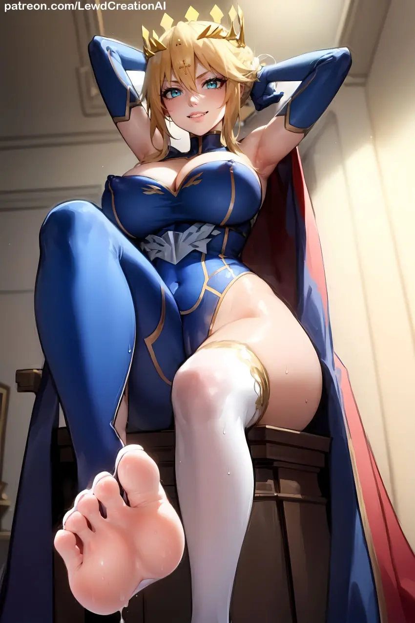 Image 1girls,big_breasts,blush,breasts,female,highres,large_breasts,looking_at_viewer,nipples,solo,blue_eyes,sweat,thighhighs,thick_thighs,thighs,barefoot,wide_hips,armpits,ai_generated,arms_behind_head,arms_up,grin,solo_female,solo_focus,tagme,blonde_hair,foot_fetish,thick,thick_ass,absurd_res,curvy,curvy_figure,sweatdrop,indoors,soles,heels,footwear,blushing_at_viewer,dominant,domination,thick_legs,high_resolution,armpit_fetish,sweating,sweaty,sweaty_body,puffy_nipples,blonde_female,smirk,smirking,dominant_female,queen,blush_lines,toes,fate_(series),foot_focus,evil_smile,royalty,flying_sweatdrops,armpit_crease,lewdcreationsai,sweaty_feet,evil_grin,fate/grand_order,royal,throne,throne_room,artoria_pendragon,artoria_pendragon_(lancer)