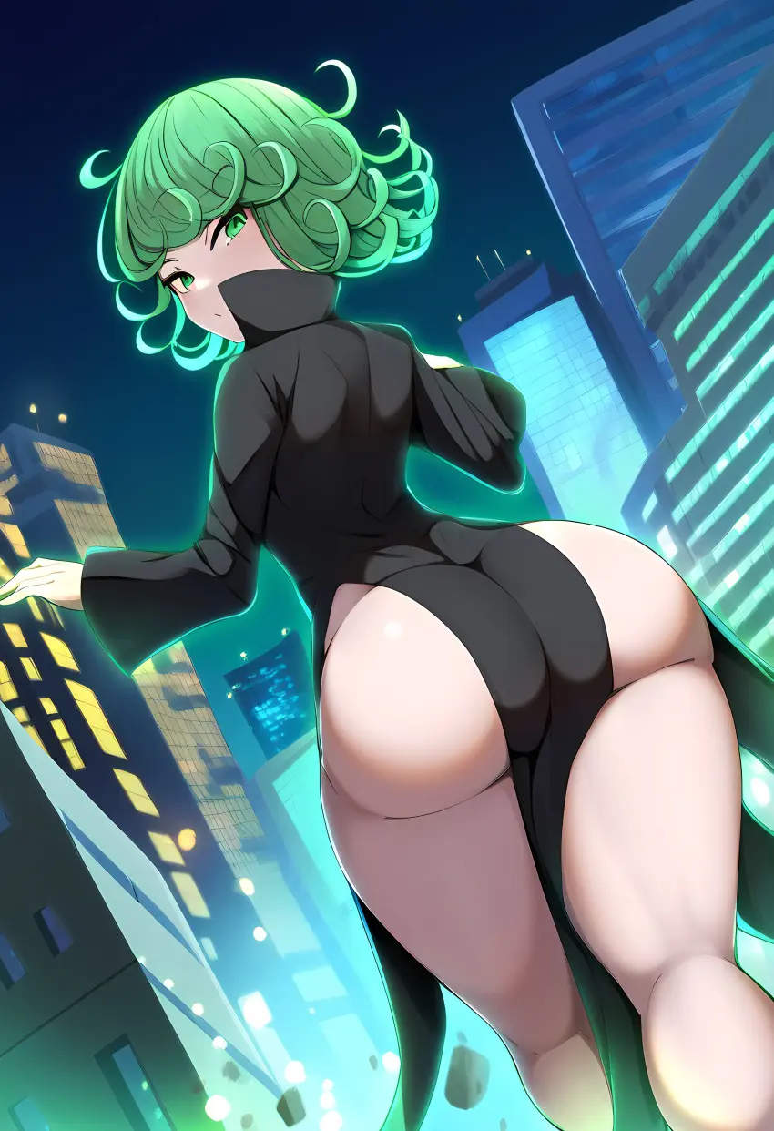 Image 1girls,clothed,clothing,female,looking_at_viewer,solo,short_hair,ass,big_ass,big_butt,curly_hair,female_focus,huge_ass,huge_butt,looking_back,thighs,ai_generated,clothed_female,solo_female,green_eyes,legs,thick_ass,green_hair,fit,fit_female,black_dress,back_view,one-punch_man,tatsumaki,novelai,ass_cleavage,city