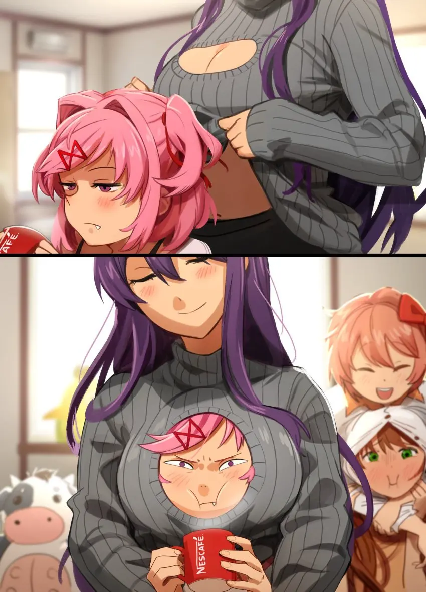Image blush,female,female_only,human,long_hair,multiple_girls,short_hair,pink_hair,purple_hair,yuri,turtleneck,doki_doki_literature_club,natsuki_(doki_doki_literature_club),boob_window,4girls,trapped_in_clothing,yuri_(doki_doki_literature_club),humor,monika_(doki_doki_literature_club),sayori_(doki_doki_literature_club),clothing_entrapment,sharing_clothes,khyleri,nescafe,shared_clothes