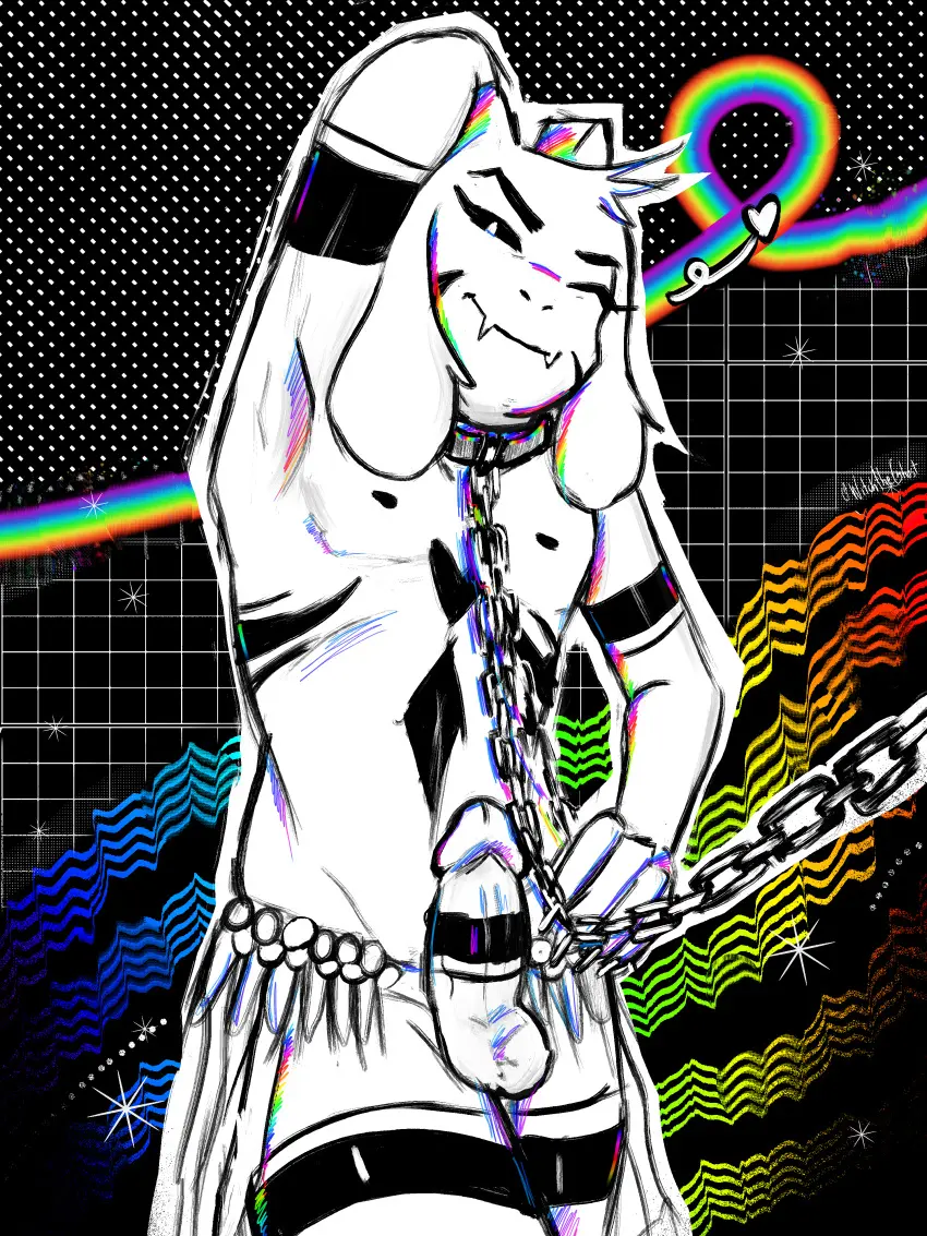 Image hi_res,solo,male,penis,male_only,tattoo,teeth,anthro,one_eye_closed,wink,demon,absurd_res,pose,pinup,collar,genitals,mammal,horn,fangs,bovid,markings,heart_symbol,undertale,caprine,goat,undertale_(series),caprine_demon,goat_demon,asriel_dreemurr,metal_collar,rainbow,asriel_dreemurr_(god_form),witchtheghost