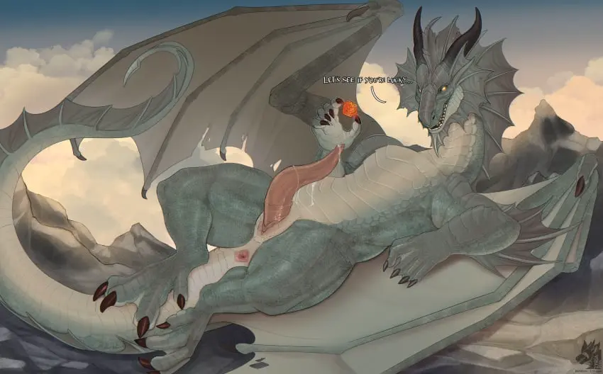 Image hi_res,looking_at_viewer,solo,male,penis,tail,lying,wings,text,anus,mythology,on_side,european_mythology,genitals,claws,toe_claws,horn,english_text,scales,scalie,mythological_creature,dragon,mythological_scalie,western_dragon,feral,black_horn,claws_out,finger_claws,frill_(anatomy),head_crest,head_frill,membrane_(anatomy),membranous_wings,prehensile_penis,zyria,membranous_frill,dice,wing_claws,d20,bahamut_(dnd),ripped_wings,scales_on_shoulder