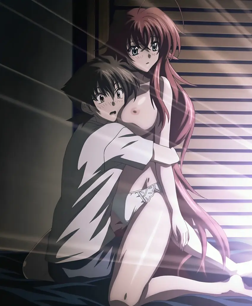 Image breasts,female,highres,large_breasts,nipples,shirt,nude,red_hair,panties,underwear,barefoot,huge_breasts,school_uniform,bed,white_shirt,white_panties,hugging,hug,high_school_dxd,hyoudou_issei,rias_gremory,non-web_source,stitched,hyouju_issei