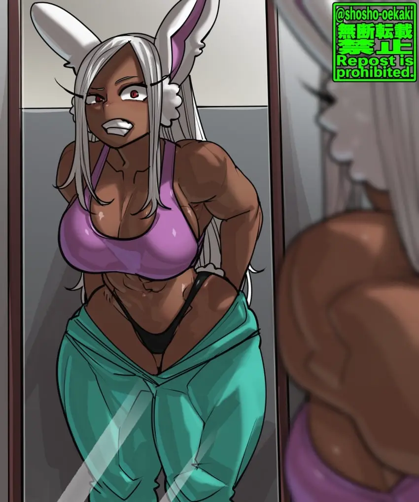 Image 1girls,big_breasts,breasts,clothing,female,female_only,human,large_breasts,looking_at_viewer,pants,red_eyes,shiny_skin,solo,very_long_hair,white_hair,animal_ears,navel,tail,panties,female_focus,thick_thighs,thighs,voluptuous,dark_skin,muscular,wide_hips,hips,sports_bra,artist_name,bare_shoulders,cleavage,collarbone,eyelashes,solo_female,teeth,my_hero_academia,parted_lips,curvy,pinup,bunny_ears,dark-skinned_female,clenched_teeth,sleeveless,bunny_tail,thong,abs,muscular_female,tank_top,g-string,crop_top,struggling,miruko,rumi_usagiyama,mirror,mirror_reflection,putting_clothes_on,blurry_foreground,struggling_to_fit,shosho_oekaki