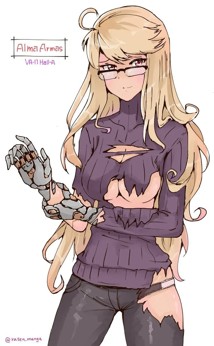 Image breasts,female,glasses,cyborg,sweater,anime,anime_style,ripped_clothing,robotic_arm,va-11_hall-a,alma_armas,rasen_manga