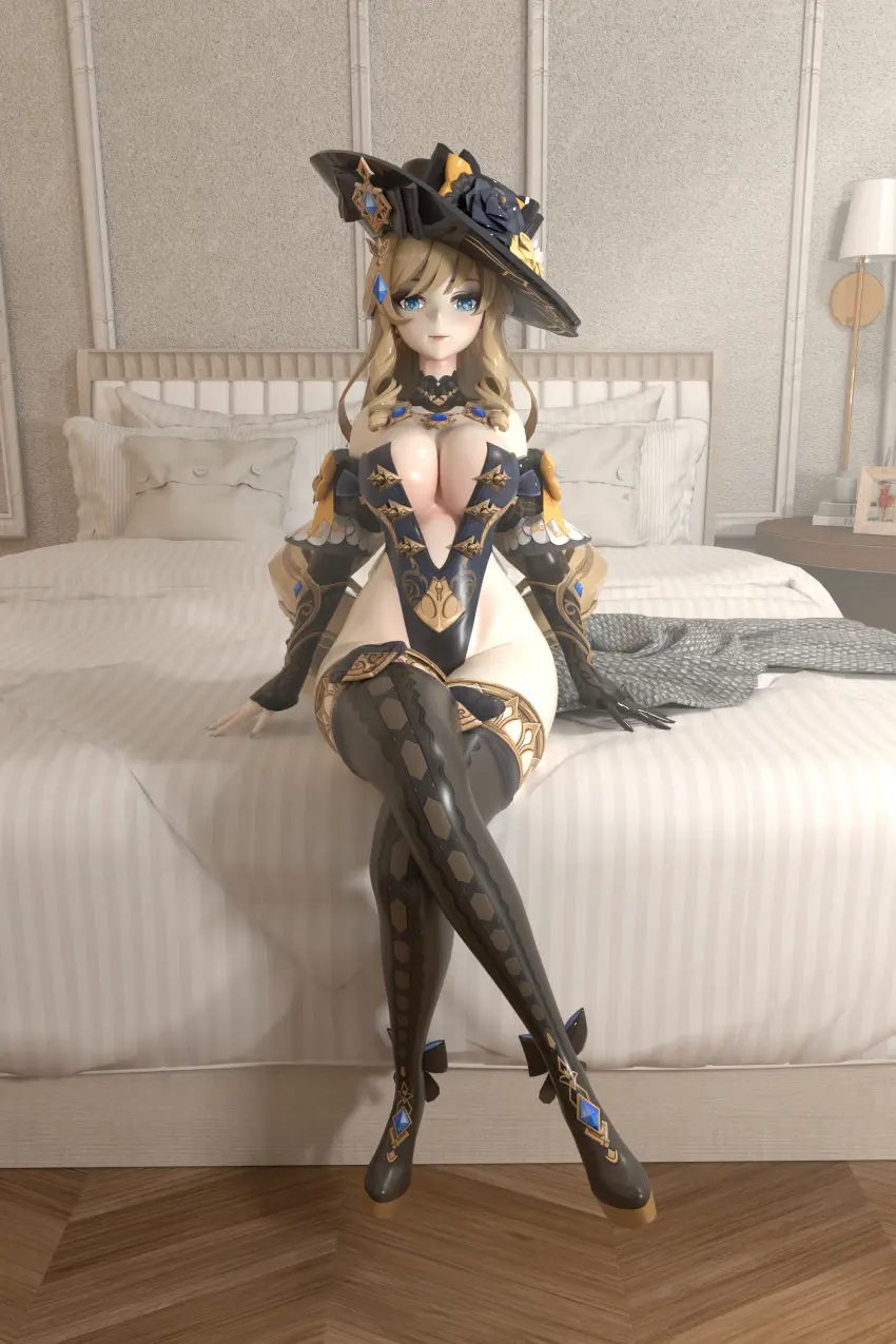 Image big_breasts,breasts,female,female_only,gloves,thighhighs,genshin_impact,mascara,leotard,heel_boots,navia_(genshin_impact)